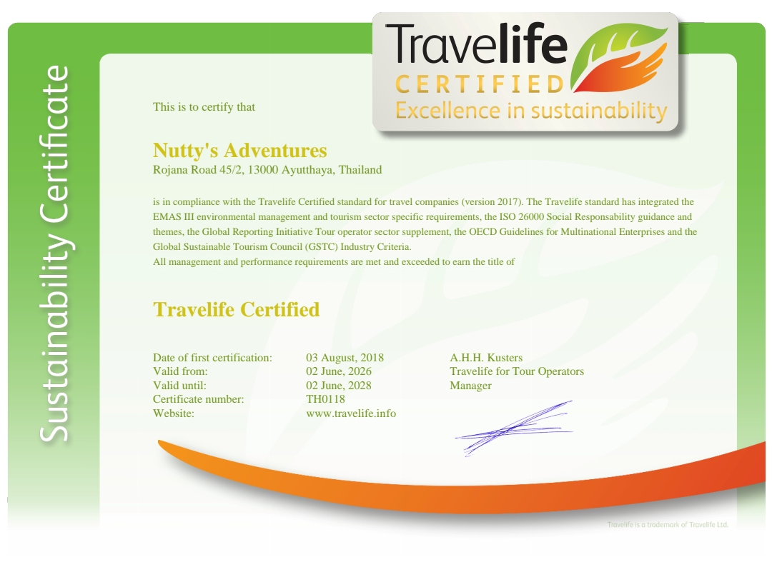Nutty's Adventures Travelife Certified 2026-2028