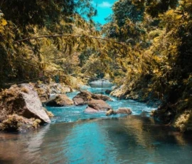 An aerial view of a winding river flowing through a lush green valley surrounded by dramatic karst mountains.
